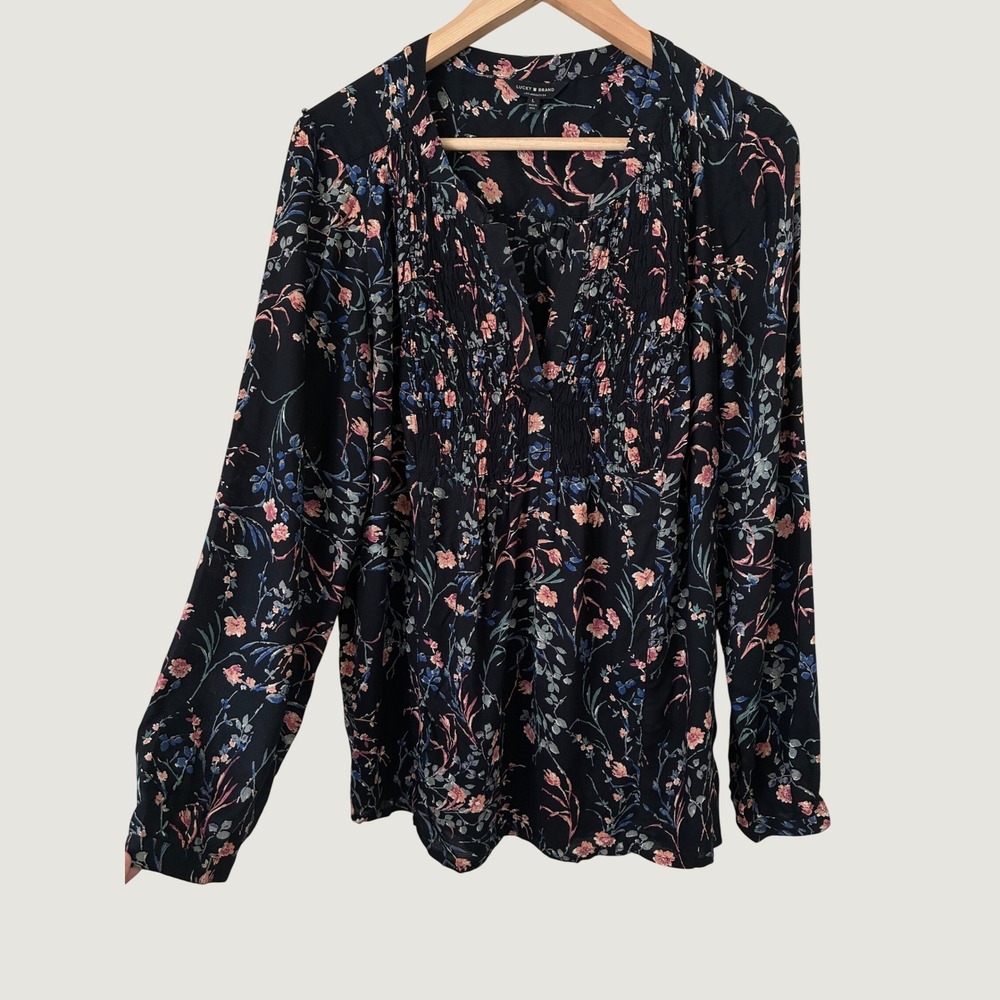 Lucky‎ Brand Women Black Floral Smocked Split Neck Long Sleeve Boho Blouse L